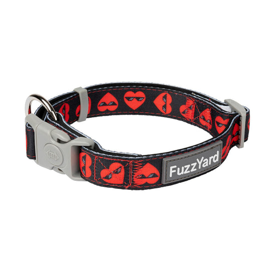 FuzzYard Heart Breaker dog collar: black neoprene with red heart and lip pattern, grey buckle and ring.