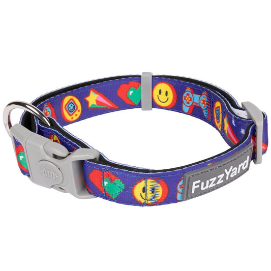 FuzzYard Highscore dog collar: purple neoprene with gaming-themed icons, grey buckle, and silver attachment ring.