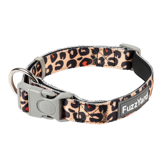 FuzzYard Javan dog collar with leopard print, grey buckle, and silver D-ring.