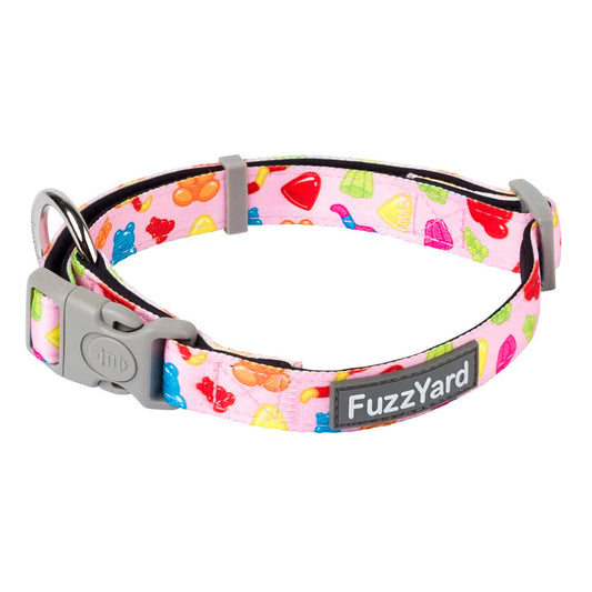 Pink FuzzYard dog collar with colorful jelly bear candy print, grey buckle, and metal D-ring.