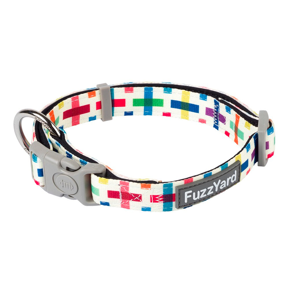 FuzzYard Dog Collar (Jenga) with colorful cross prints, a grey buckle, and a metal D-ring.