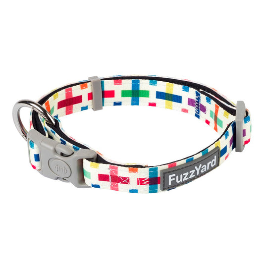 FuzzYard Dog Collar (Jenga) with colorful cross prints, a grey buckle, and a metal D-ring.