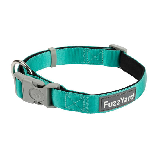 FuzzYard Dog Collar in bright turquoise neoprene with a grey buckle and attachment ring.