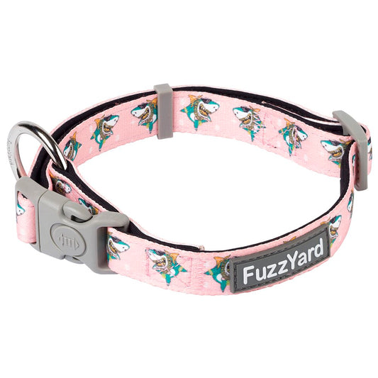 FuzzYard Dog Collar (LL Cool Jaw$) in pink with cartoon sharks, durable fabric, and a grey buckle.