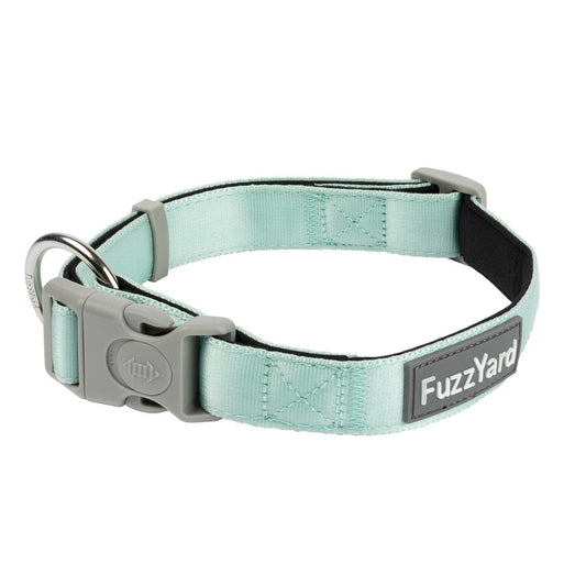 FuzzYard Dog Collar in mint neoprene with a grey buckle, die-cast ring, and FuzzYard logo.