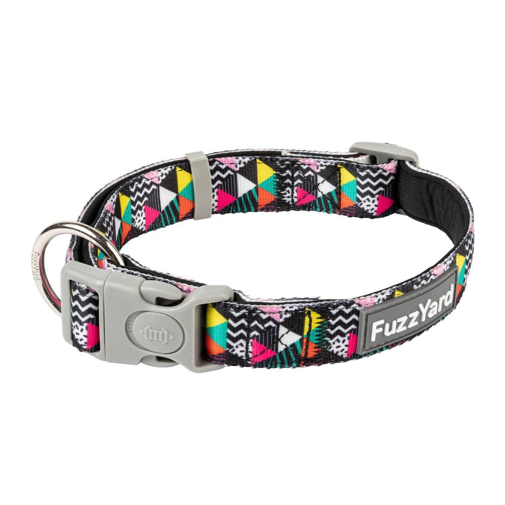 FuzzYard "No Signal!" dog collar with colorful geometric patterns, gray buckle, and metal D-ring.