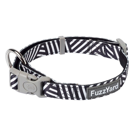 FuzzYard Dog Collar (Northcote) with black and white striped neoprene fabric, grey buckle, and D-ring.
