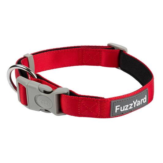 FuzzYard Dog Collar (Rebel) in bright red neoprene with a grey buckle, D-ring, and FuzzYard logo.