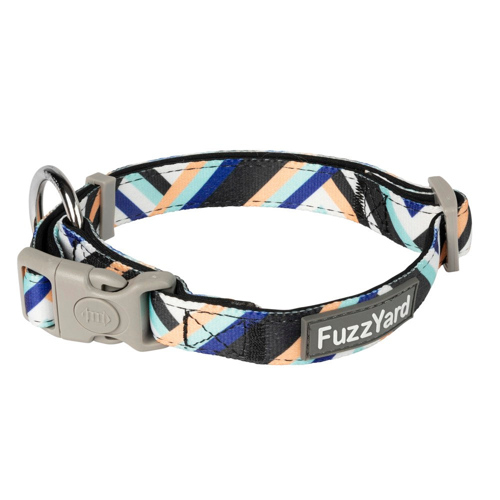 FuzzYard Sonic dog collar with colorful geometric prints, a gray buckle, and a silver D-ring.