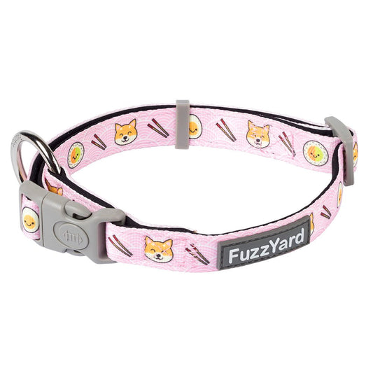 Pink FuzzYard Dog Collar (Sushiba) with cartoon Shiba Inus, sushi, and chopsticks print.