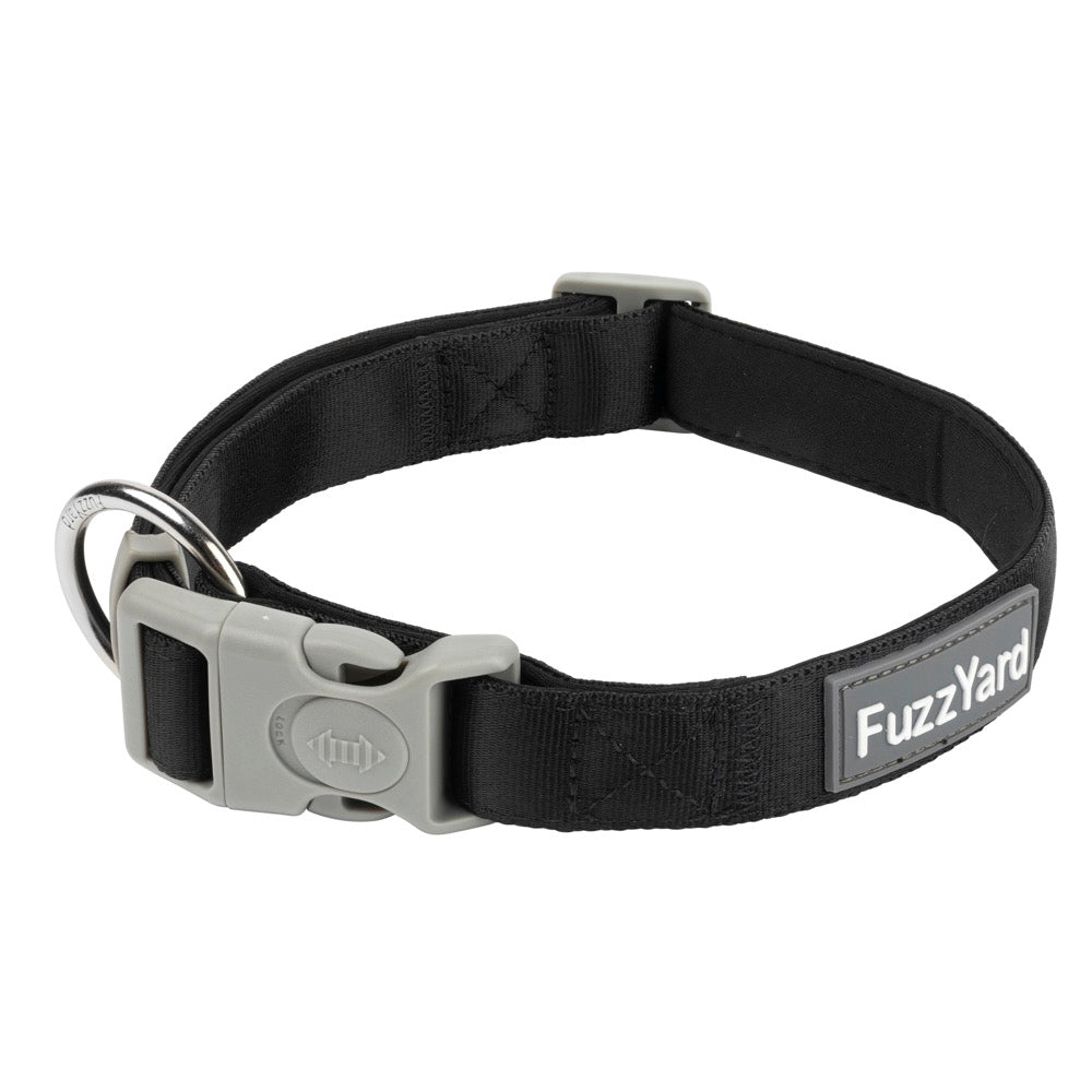 FuzzYard Dog Collar (Swat) in black neoprene with gray buckle, D-ring, and FuzzYard logo.