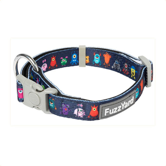 FuzzYard Dog Collar (Yardsters) in navy blue with colorful monster print, neoprene, and silver D-ring.