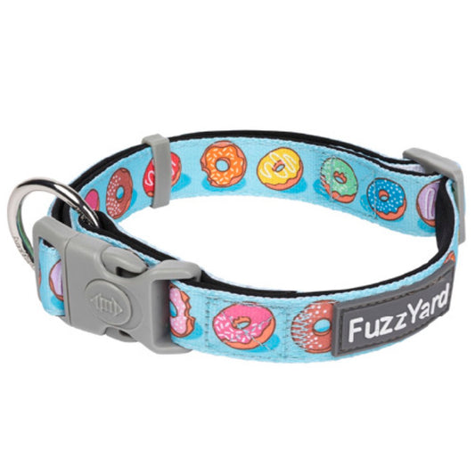 FuzzYard Dog Collar "You Drive Me Glazy" in blue neoprene with colorful donut print, plastic buckle, and metal D-ring.