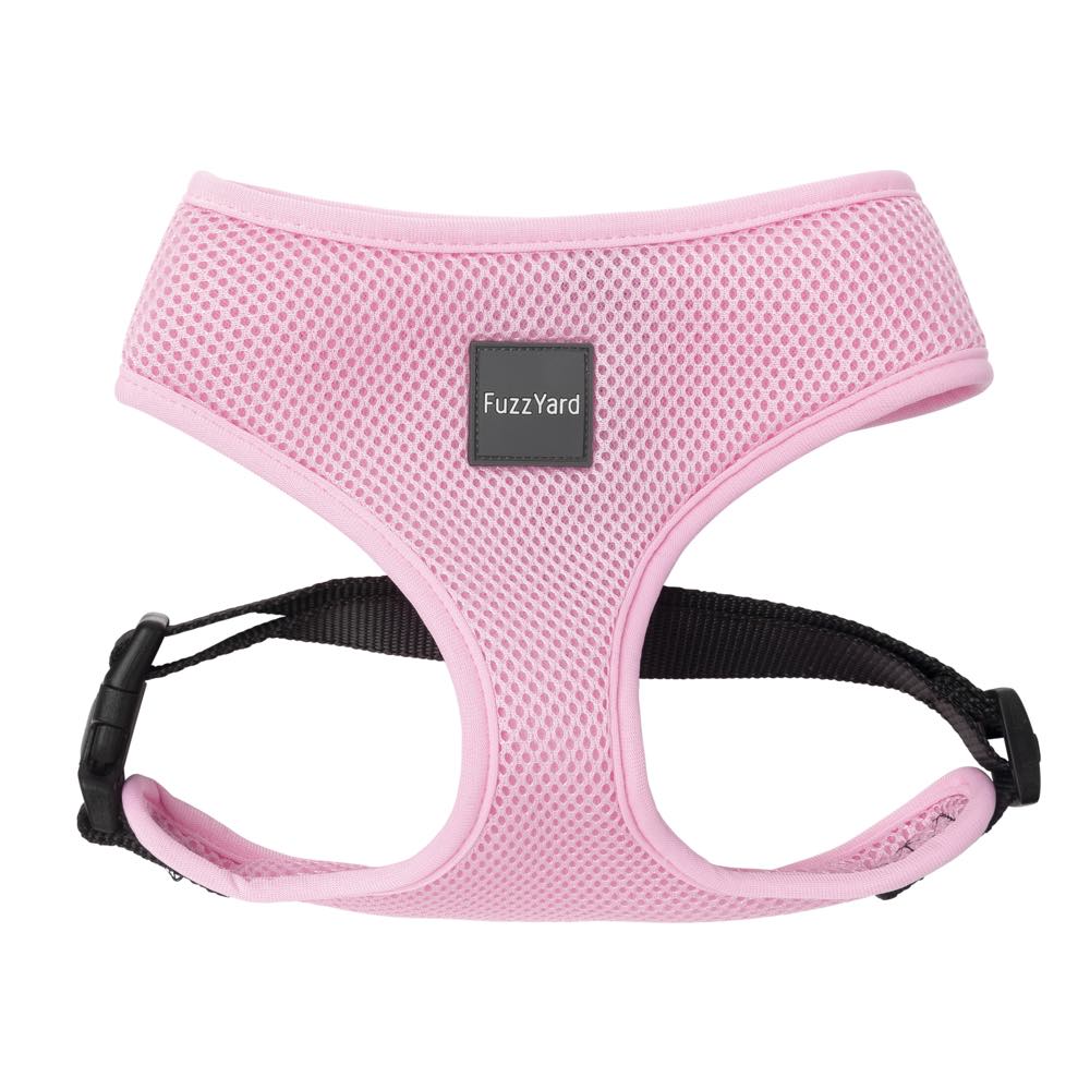 Pink FuzzYard Cotton Candy dog harness made of soft polyester mesh with black adjustable straps.