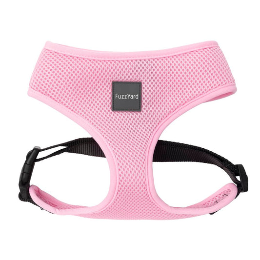 Pink FuzzYard Cotton Candy dog harness made of soft polyester mesh with black adjustable straps.
