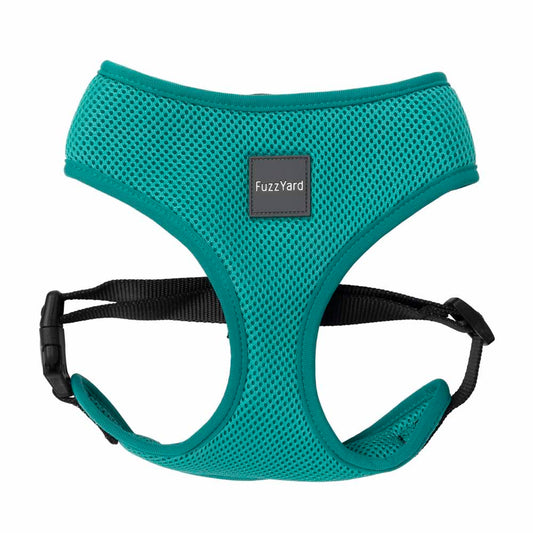 FuzzYard Dog Harness in Lagoon (turquoise) polyester mesh with black adjustable straps.