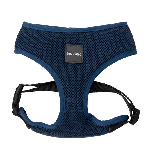 FuzzYard Dog Harness in marine blue mesh polyester with adjustable black straps and buckle.