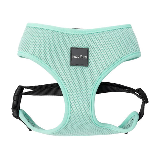 Mint FuzzYard dog harness made of soft, breathable polyester mesh with adjustable black straps and buckle.