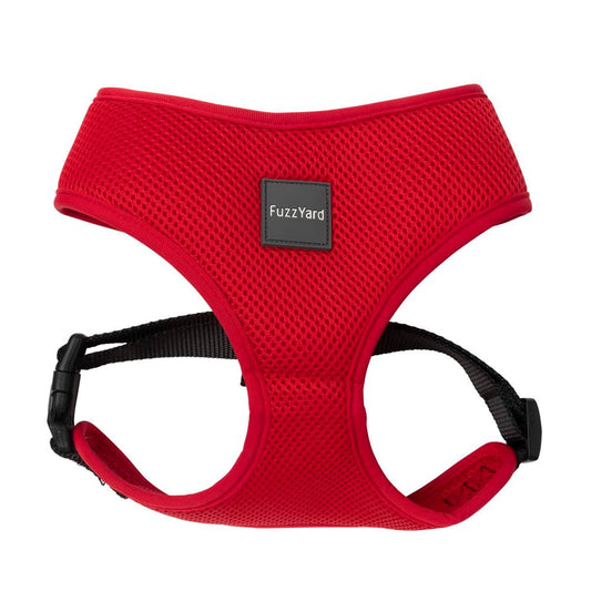 FuzzYard Dog Harness (Rebel) in bright red polyester mesh with black adjustable straps and buckle.