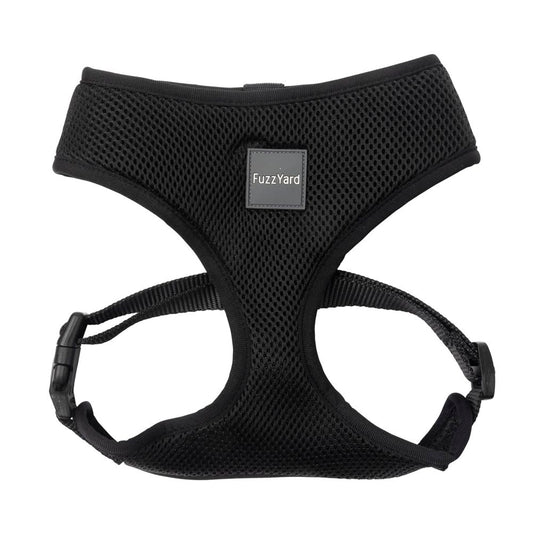 FuzzYard Swat dog harness, black mesh polyester, with adjustable straps and a gray FuzzYard logo patch.