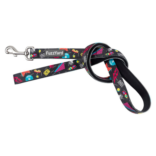 FuzzYard Bel Air dog leash with black fabric, 90s-inspired geometric prints, and a silver metal clasp.