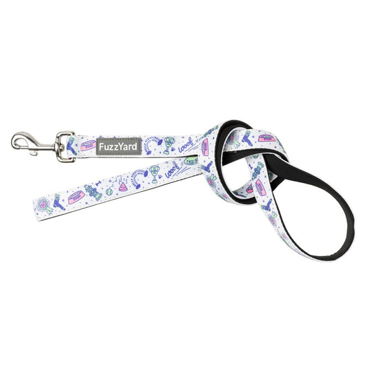 FuzzYard Dog Leash in Best In Show, white neoprene with pink, blue, and lime dog doodles, silver swivel clasp.