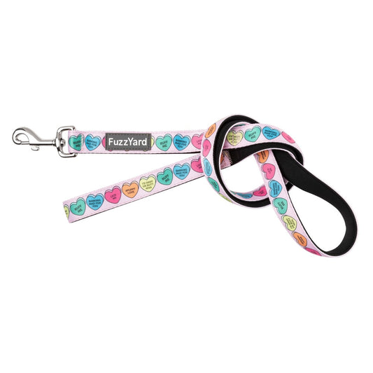 FuzzYard Dog Leash in Candy Hearts design, pink neoprene with colorful heart candies and a silver swivel clasp.