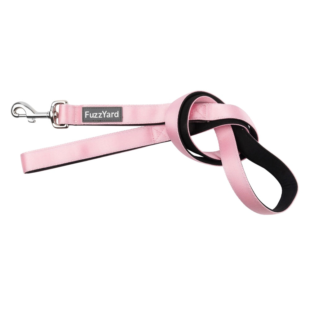 FuzzYard Dog Leash in Cotton Candy pink neoprene with black lining and a silver spring-loaded clasp.