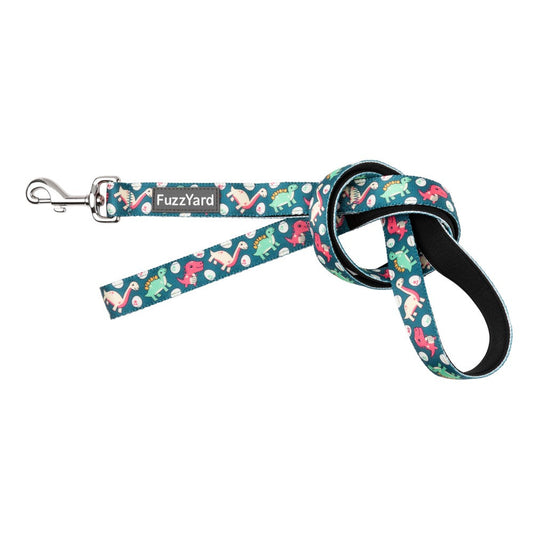 FuzzYard Dinosaur Land dog leash: teal neoprene with colorful dino pattern and silver swivel clasp.