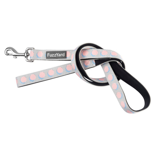 FuzzYard Dippin' dog leash with pastel pink polka dots, blue accents, silver clasp, and black handle.