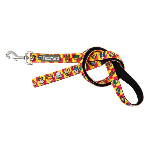 FuzzYard Doggoforce dog leash with yellow and red checkered fabric, cartoon dog faces, and a silver clasp.