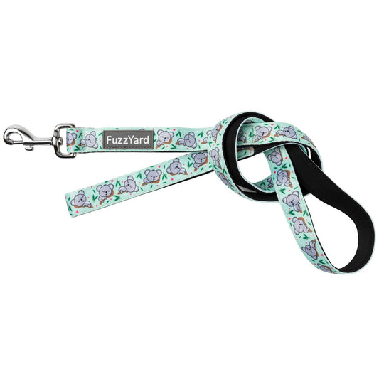 FuzzYard Dog Leash in light green neoprene with Dreamtime Koalas design and silver swivel clasp.