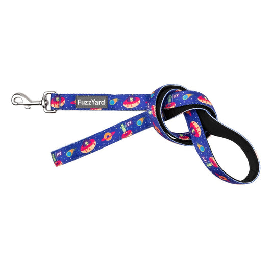 FuzzYard Extradonutstrial dog leash: blue neoprene with aliens, donuts, and a silver swivel clasp.