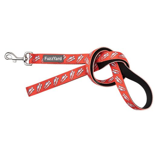 FuzzYard Fresh Kicks dog leash: red neoprene with white sneaker pattern, silver swivel clasp, and black padded handle.