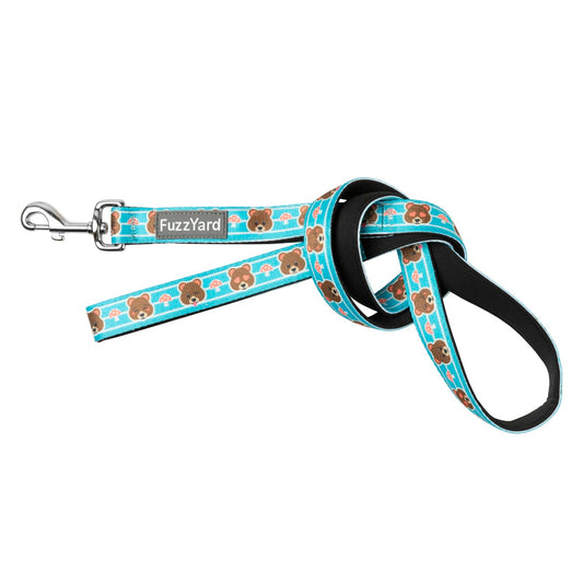 FuzzYard Dog Leash in Fuzz Bear design, a blue neoprene leash with brown bears and mushrooms.