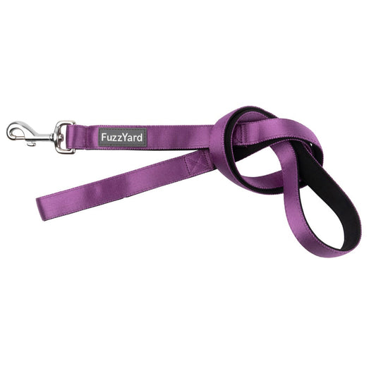 FuzzYard Dog Leash in Grape, a purple neoprene leash with a silver spring-loaded clasp.
