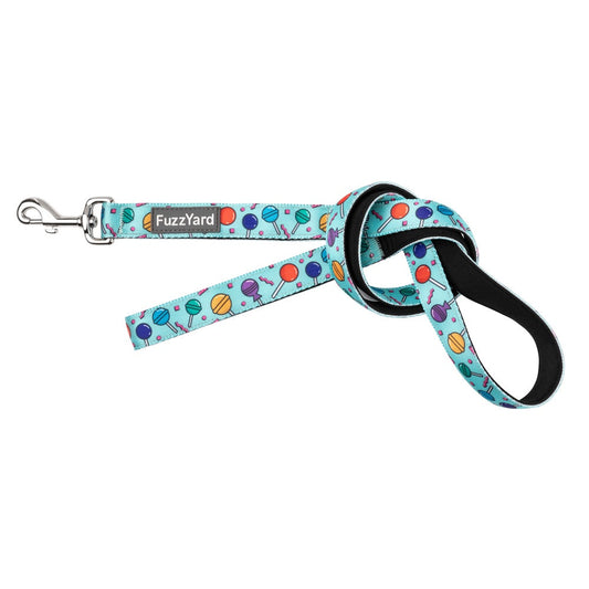 FuzzYard Dog Leash in "Hey Suckers!" design, light blue neoprene with colorful lollipops, silver swivel clasp.