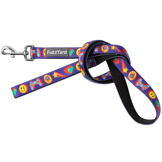 FuzzYard Dog Leash (Highscore) in purple neoprene with colorful retro video game icons and a silver swivel clasp.