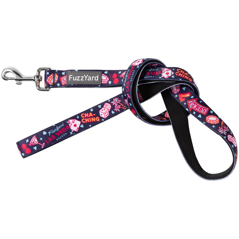 FuzzYard Jackpup dog leash, dark blue neoprene with colorful casino-themed graphics and a silver swivel clasp.