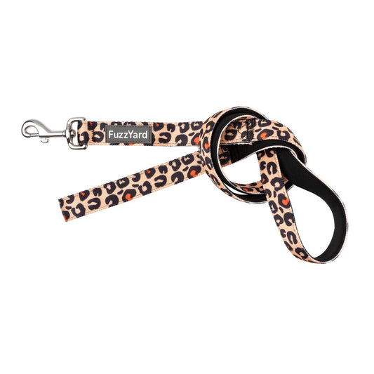 FuzzYard Javan dog leash with leopard print, black handle, and silver swivel clasp.