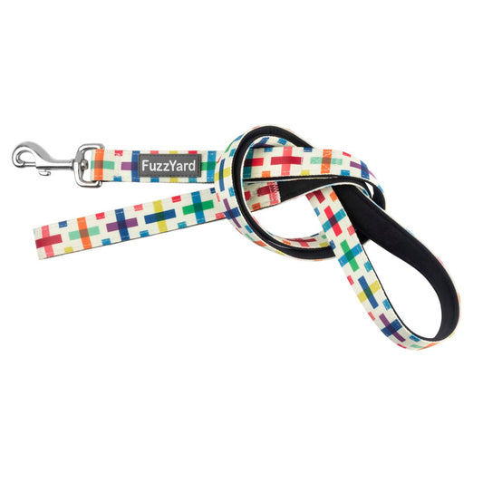 FuzzYard Dog Leash (Jenga) with colorful geometric cross prints and a steel latch.