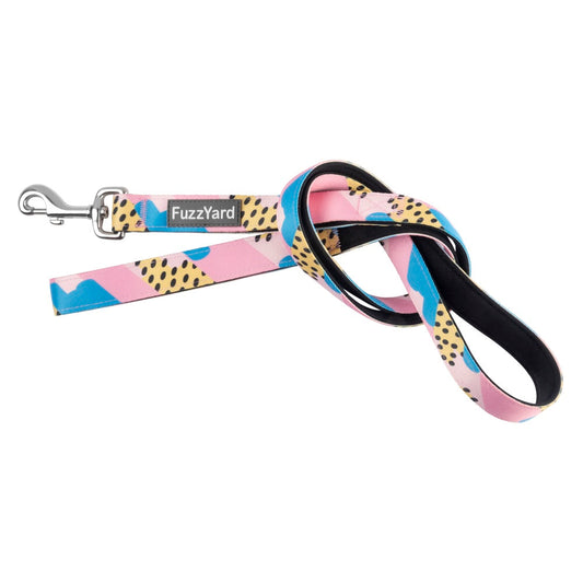 FuzzYard Jiggy dog leash: pastel pink, blue, orange, yellow abstract print, with silver clasp.