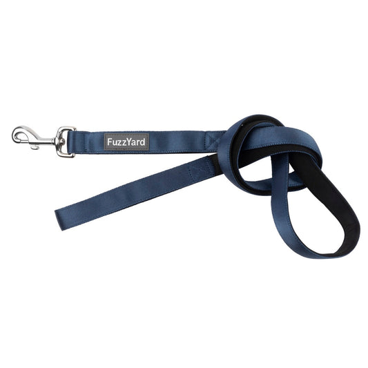 FuzzYard Marine blue neoprene dog leash with silver steel spring-loaded clasp and logo tag.