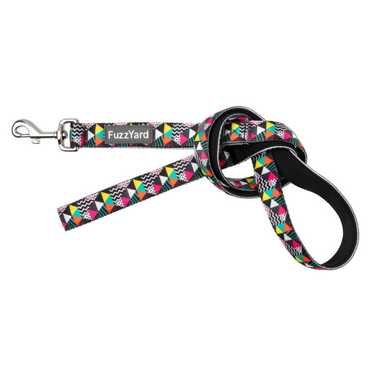 FuzzYard Dog Leash "No Signal!" with vibrant geometric patterns, black neoprene handle, and silver swivel clasp.