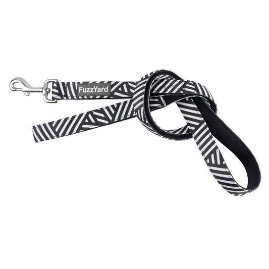 FuzzYard Dog Leash (Northcote) with black and white geometric pattern, steel clasp, and comfortable hand loop.