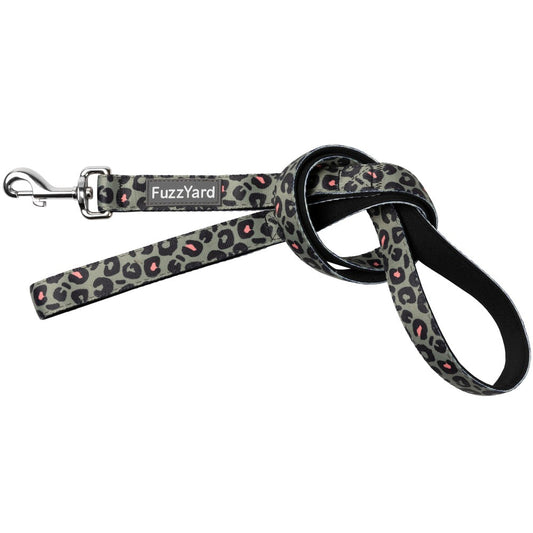 FuzzYard Savanna dog leash with grey leopard print, pink spots, black backing, and silver swivel clasp.