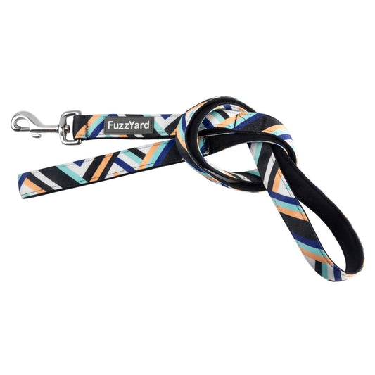 FuzzYard Sonic dog leash with black, blue, orange, and white geometric stripes, silver metal clasp.