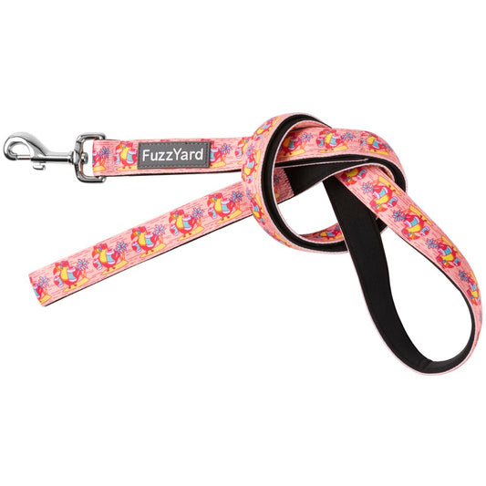 Pink FuzzYard Dog Leash with "Two-Cans" parrot design, neoprene material, and silver swivel clasp.