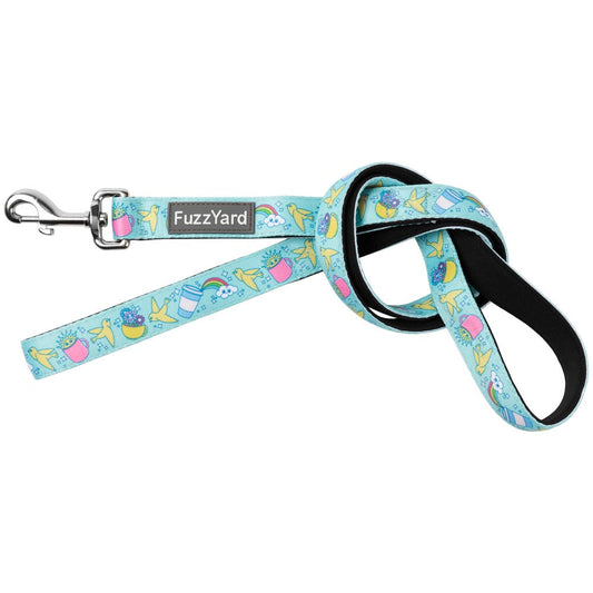 FuzzYard Wakey Wakey dog leash: light blue neoprene with colorful breakfast-themed graphics and a silver clasp.