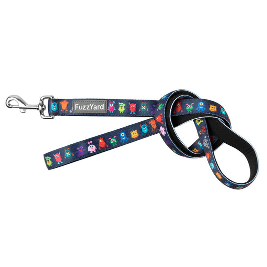 FuzzYard Dog Leash (Yardsters) with colorful monster print on dark blue neoprene, silver swivel clasp.